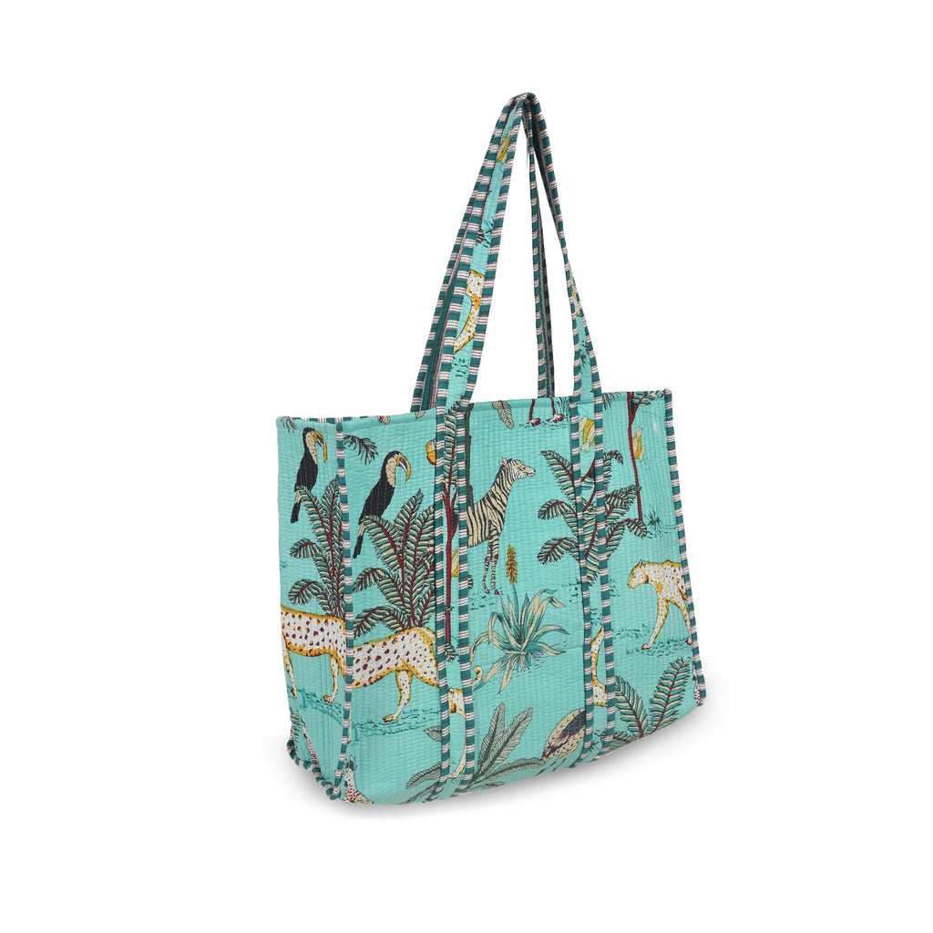 Quilted Premium Cotton Printed Reversible Tote Bag Grocery Shopping Bag Travel Bags Carry Bag 18x15x5.5 Inch