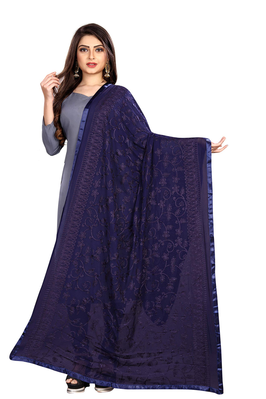 AKSHAR LLC Miss India Women's Chiffon Dupatta with Karachi Embroidery Work_027 (blue)