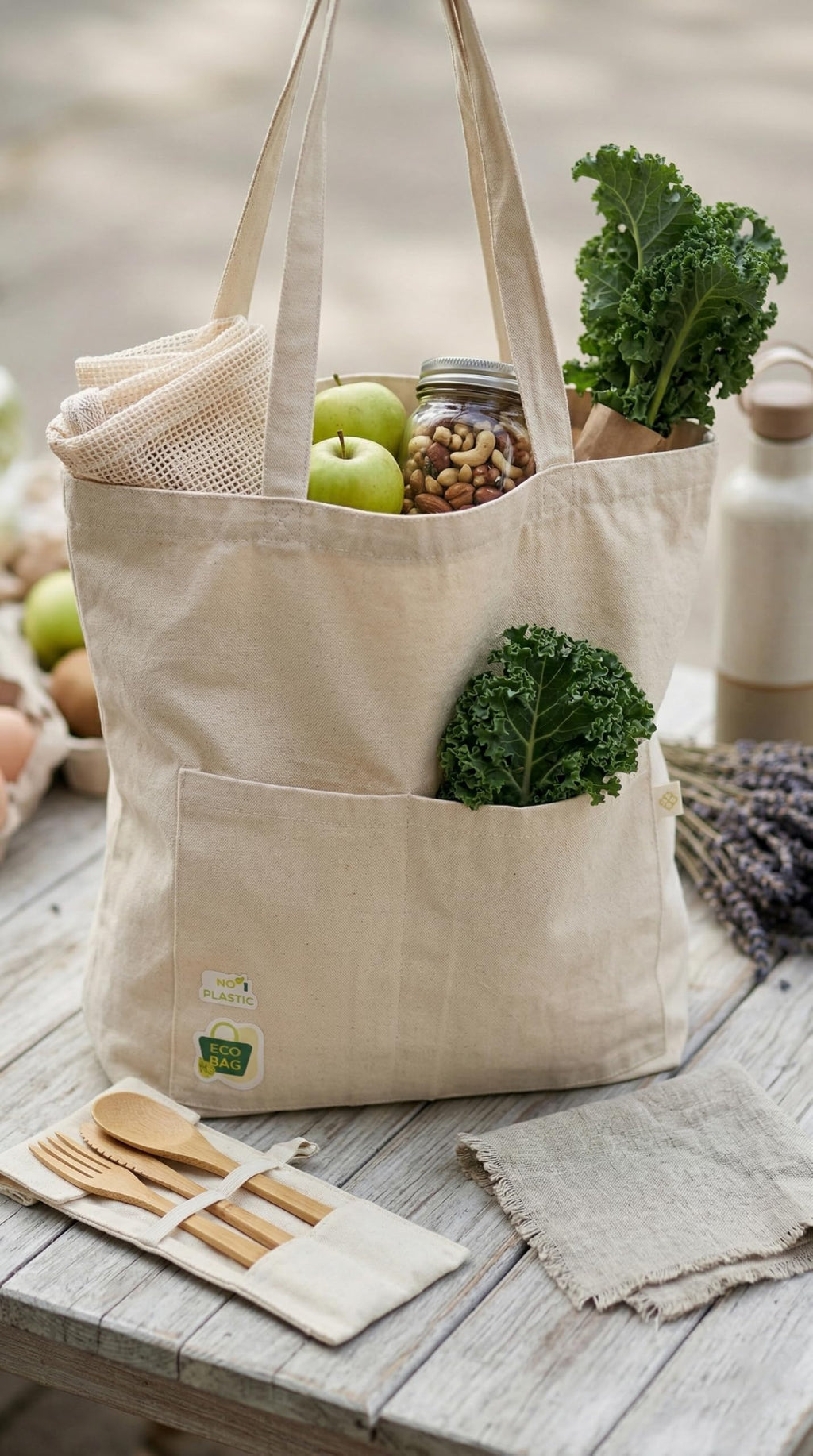 Jute Tote Bag with Cotton Handles | Eco-Friendly Hand Screen Printed Wave Design Shopping Bag | Reusable Natural Jute Bag with Azo-Free Dye Print