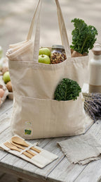 Jute Tote Bag with Cotton Handles | Eco-Friendly Hand Screen Printed Wave Design Shopping Bag | Reusable Natural Jute Bag with Azo-Free Dye Print
