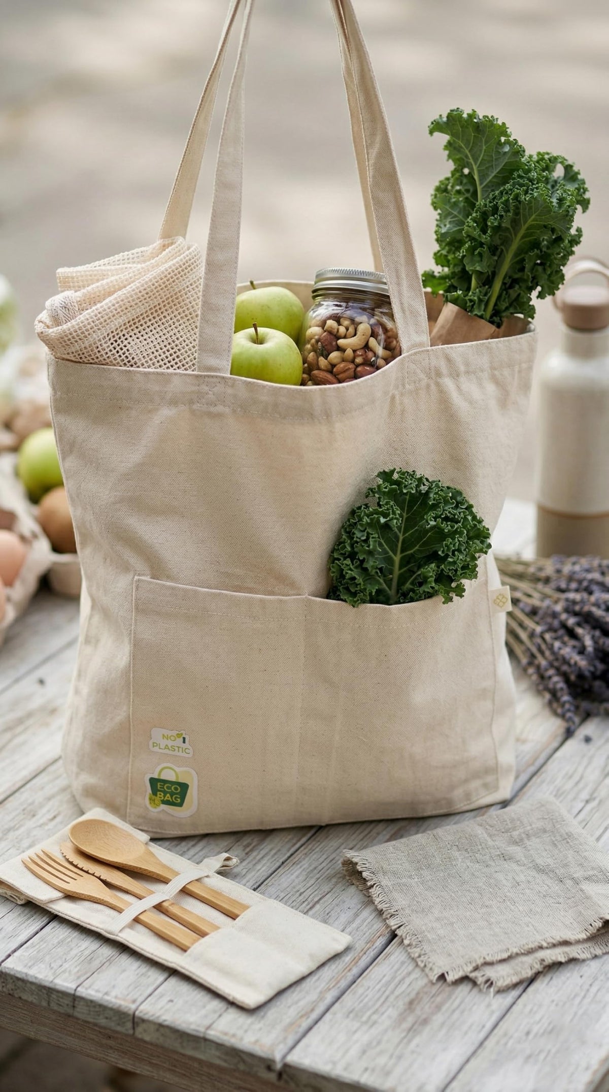 Jute Tote Bag with Cotton Handles | Eco-Friendly Hand Screen Printed Wave Design Shopping Bag | Reusable Natural Jute Bag with Azo-Free Dye Print