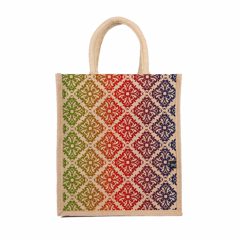 Sangra Multicolor Jute bag for Women and Men Lunch Bag with Zip and Handle Reusable Tiffin Bag Shopping Grocery Bag (Rangoli)