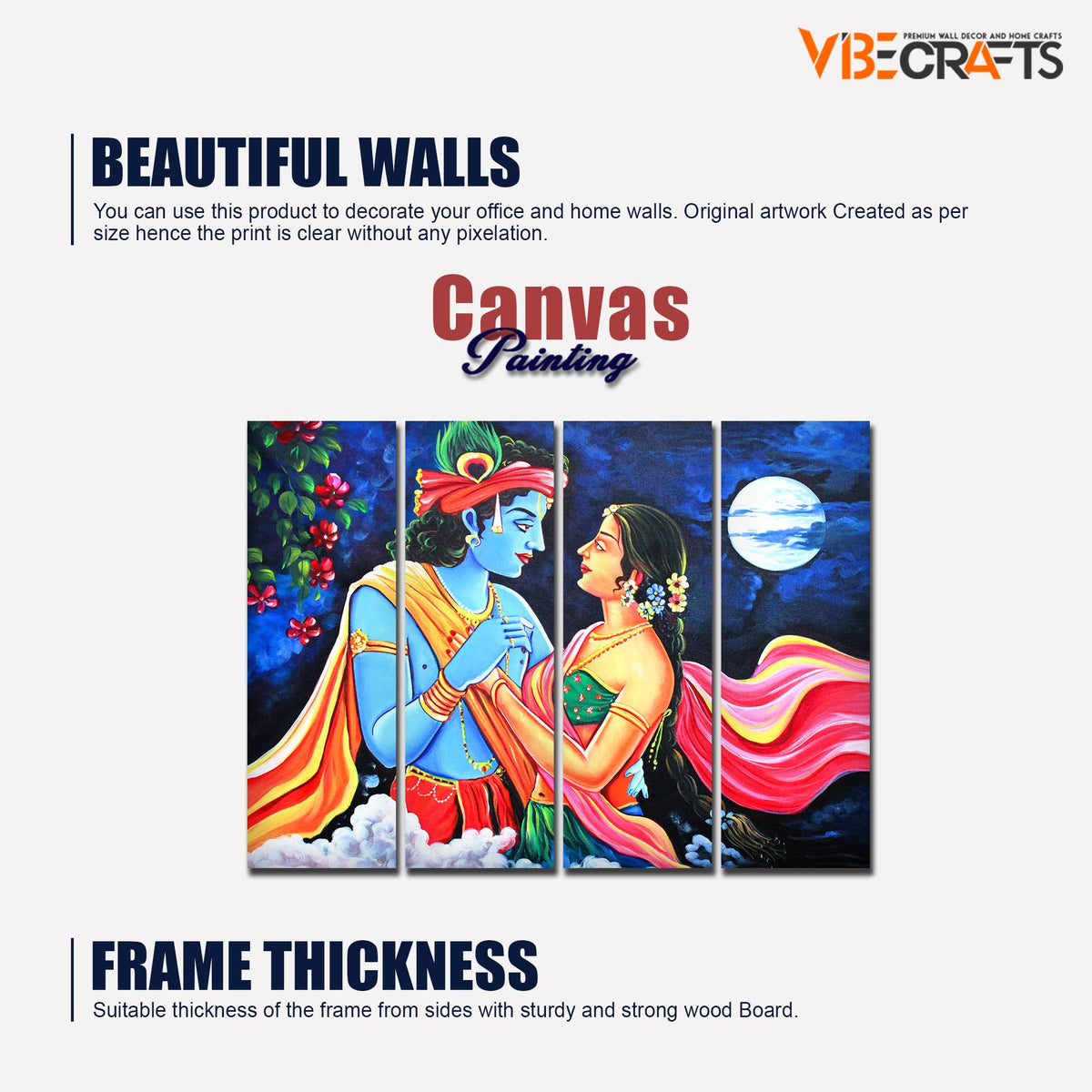 VIBECRAFTS 4 Pieces Shree Radha Krishna Canvas Wall Painting Fitted With Wooden Frame For Home | Office | Living Room | Gift(PTVC4Pcs1_13515)