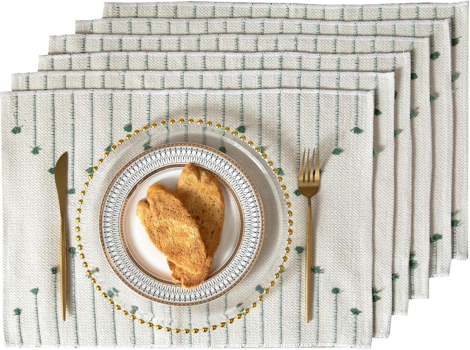 ALSTONIA Handmade Cotton Dining Table Placemats | Heat Resistant Dining Table Place Mats |Kitchen Tabletop|Kitchen Coffee Center Table & Eating Areas (Green & White, 6 Pcs Placemats with Runner) Kafalo
