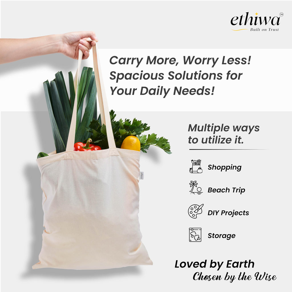 Ethiwa14x16 Inch Plain Tote Bag |10 Pcs|12 Pcs|50 Pcs|100 Pcs| 100% Organic Reusable 250 GSM Cotton Handbag for Shopping, Daily Use, Grocery, Craft Diy Painting and Storage