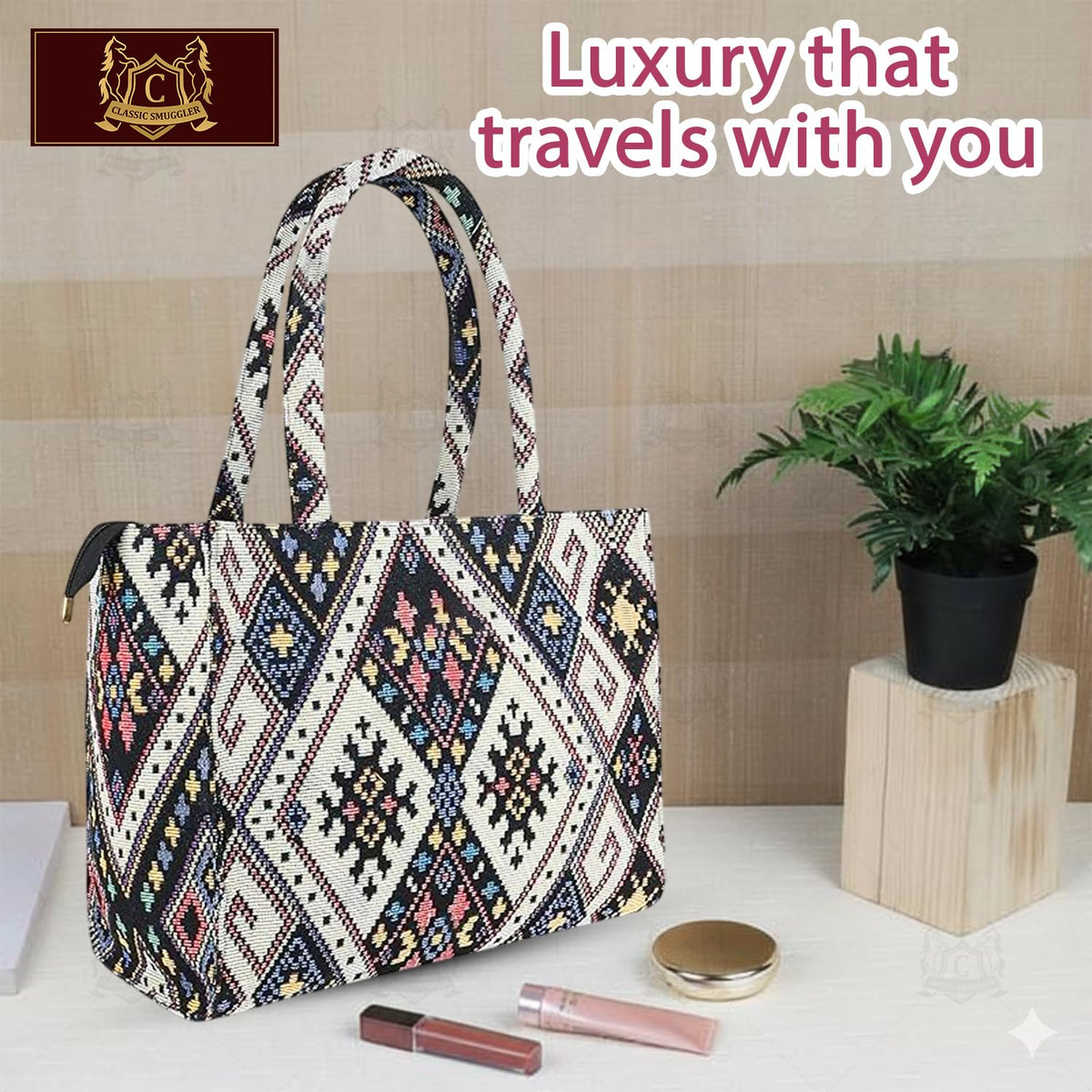 Global Impex Stylish Buoy Tote Bag for Girls & Women | Sturdy Cotton Blend Jacquard | Double Shoulder Ladies Handbag Purse For Daily & Office,Travel Use | Zip Pocket | Handcrafted Multicolor