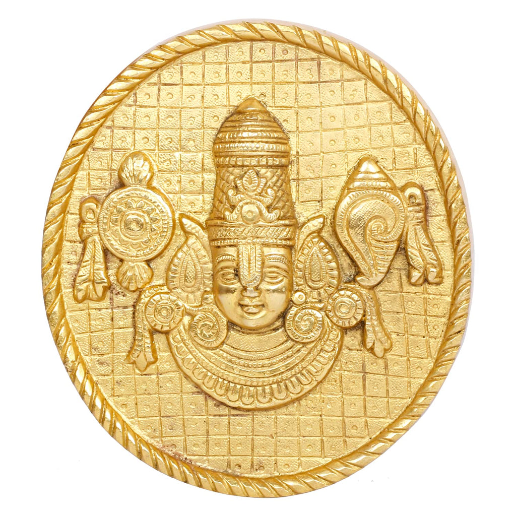 ARTVARKO Brass Lord Tirupati Balaji Sri Venkateswara with Shankh Chakra Wall Hanging Idol Showpiece Home Décor (6.5x7 Inch)