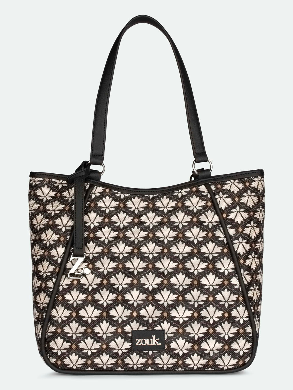 ZOUK Naisha Black & White Motif Tote Bag for Women | Vegan Leather Large Shoulder Handbag with Bottle Holder, Multiple Pockets & Water-Resistant Lining | Office, Travel & Daily Use | Bidri Kaiser
