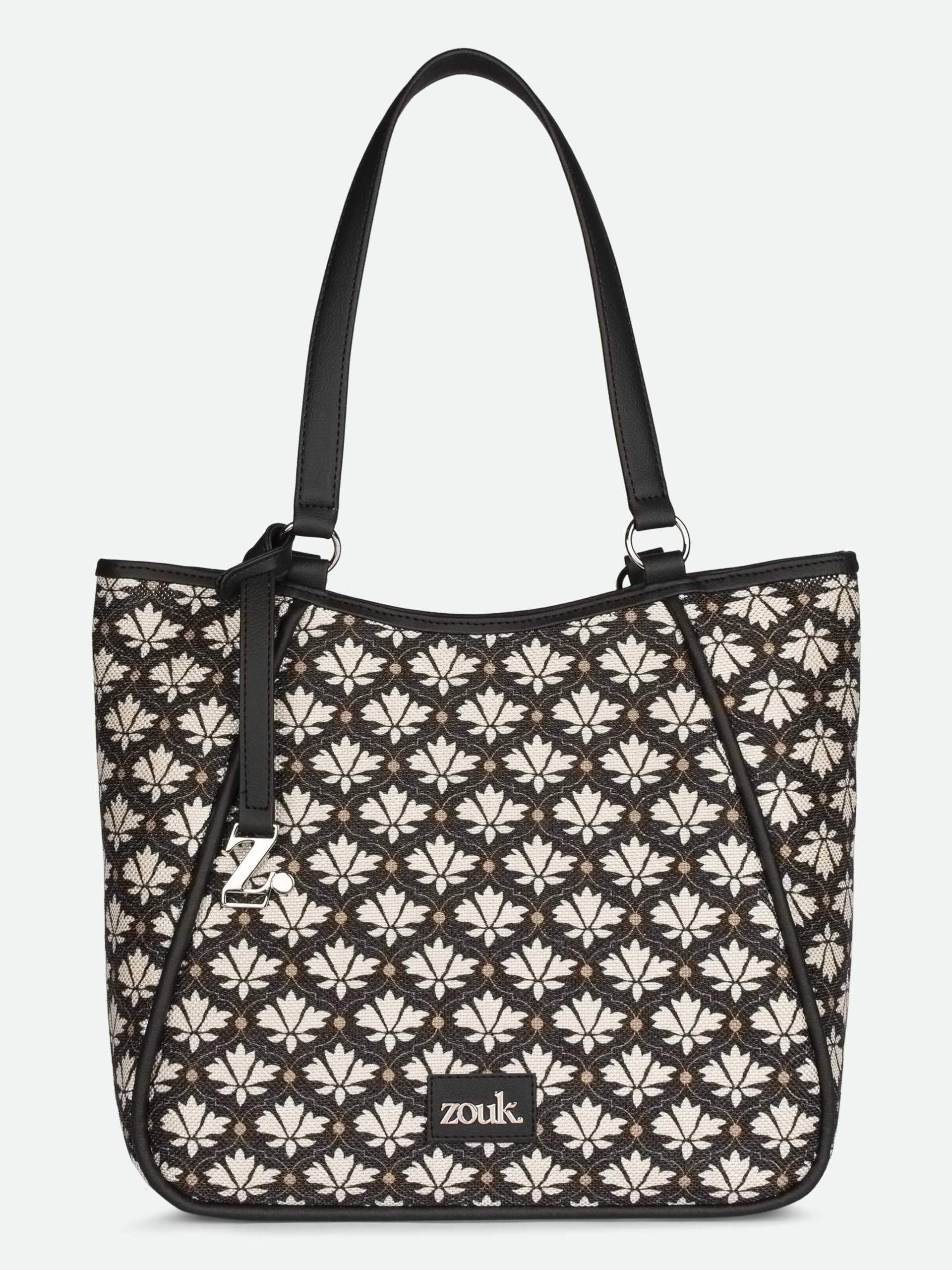 ZOUK Naisha Black & White Motif Tote Bag for Women | Vegan Leather Large Shoulder Handbag with Bottle Holder, Multiple Pockets & Water-Resistant Lining | Office, Travel & Daily Use | Bidri Kaiser