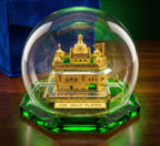 Golden Temple Model with Glass Dome, Decorative Religious Sculpture on Green Crystal Base.