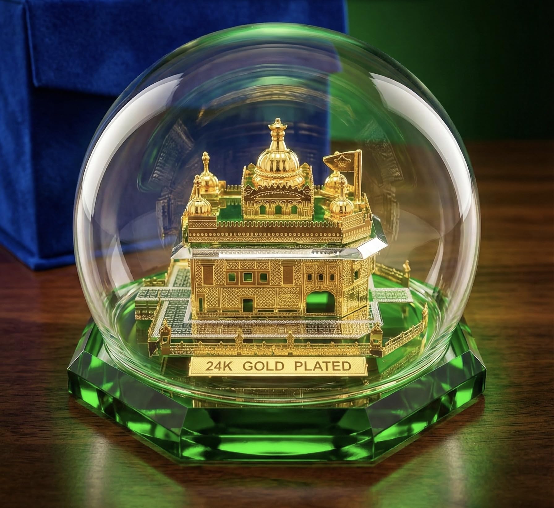 Golden Temple Model with Glass Dome, Decorative Religious Sculpture on Green Crystal Base.