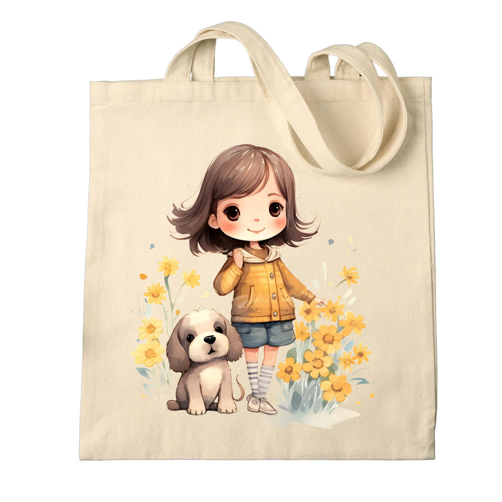 Metsi Canvas Tote Bag for Women, 13x15 Plain Cotton Tote Bag with Zipper, Reusable Multi-Purpose Cotton Bags for Shopping, School, Beach, Groceries, Painting, DIY Gift Bags, Girl with Puppy 1