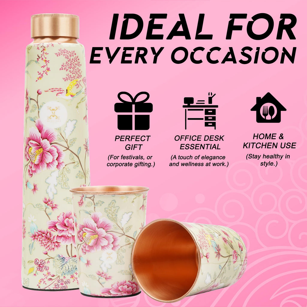 MERCAPE® Pure Copper Water Bottle Gift Set with 2 Copper Glasses (300 ml Each) | Meena Print Decorative Design | Leak Resistant Screw Cap | Reusable Copper Drinkware Set | 900 ml