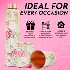 MERCAPE® Pure Copper Water Bottle Gift Set with 2 Copper Glasses (300 ml Each) | Meena Print Decorative Design | Leak Resistant Screw Cap | Reusable Copper Drinkware Set | 900 ml