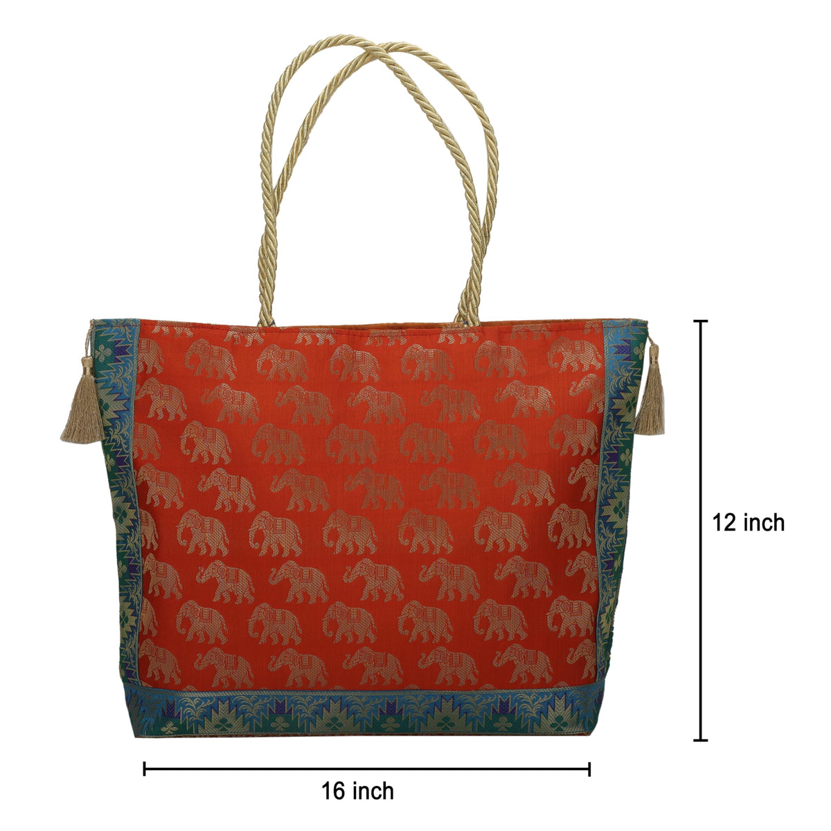 E - Ezra Designer Ethnic Handmade Brocade Silk Tote Bag For Women's Shoulder Bag Shopping Bag For Girls 16 Inch (Orange)