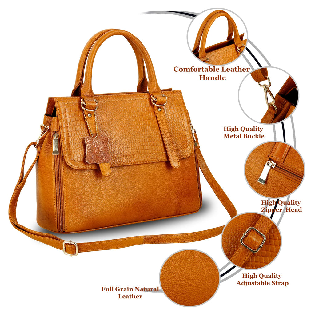 RICHSIGN LEATHER ACCESSORIES Full-Grain Natural Leather Top-Handle satchel Tote Ladies Handbags & Shoulder Sling Bags For Women Office Branded Stylish Latest Size-L-11 X H-10 x W- 5 In (TAN MANGOO)