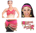 VRITRAZ Women's Chiffon Belly Dance Hip Waistband 1 Scarf, 1 Top, 1 Headband, 1 Handcuff with Ringy Golden Coins (Pack of 4)