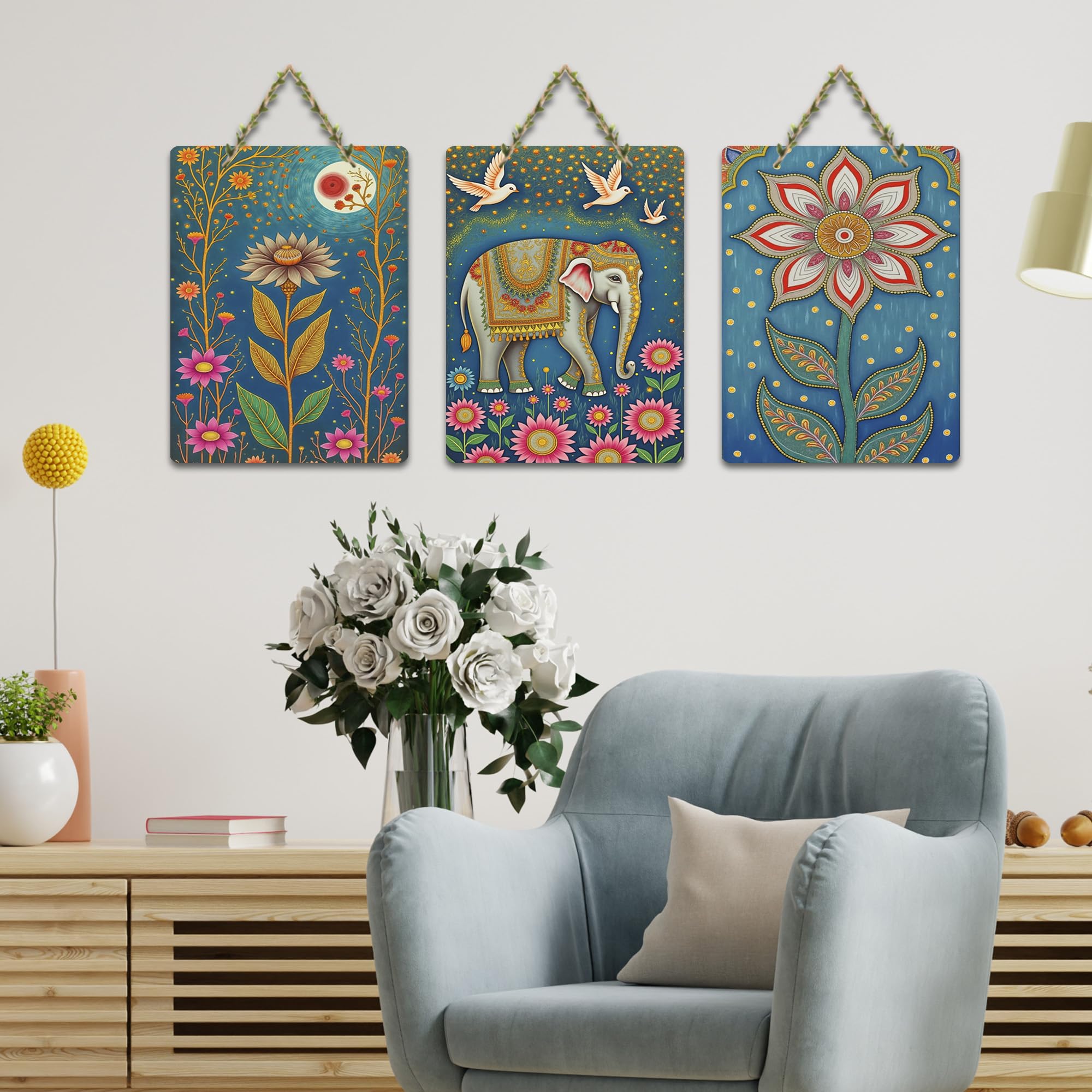 Artvibes Nature Theme Wall Art Decorative MDF Wooden Wall Art for Home | Living Room | Office | Cafe | Painting Wall Decor | Wall Poster | Ethnic Wall Decor | Unique Gift (WH_96116N), Set of 3