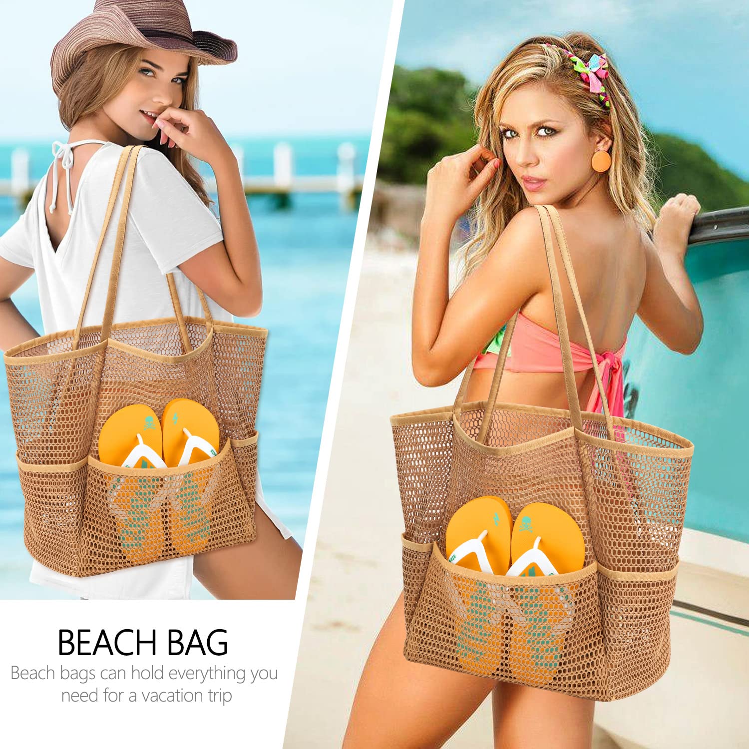 Ayieyill Mesh Beach Bag Tote Bag for Women, Foldable Swim Large Beach Tote Bag with Zipper Pockets Waterproof Sandproof, Khaki, Large, Mesh