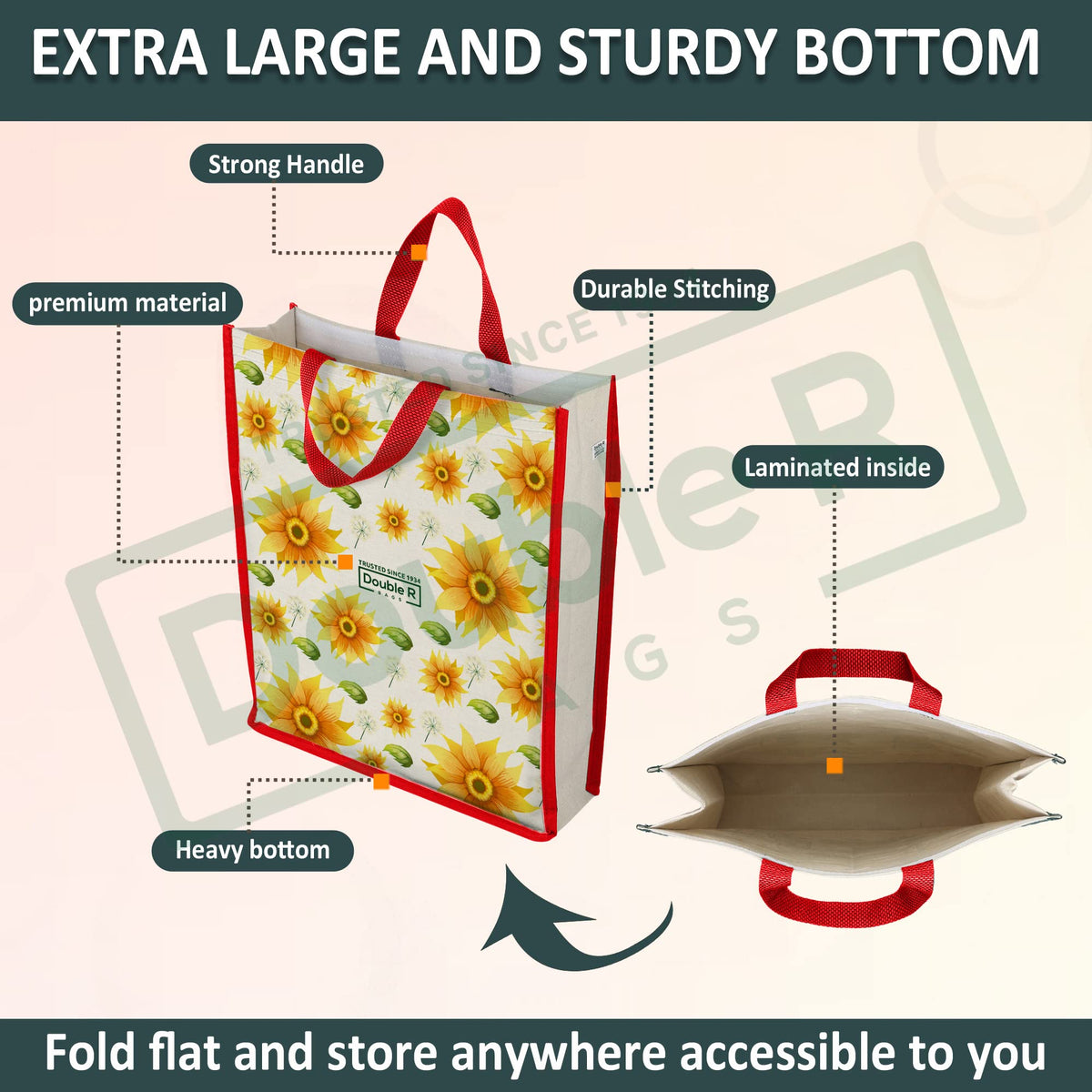 DOUBLE R BAGS Unisex Big Eco Cotton Canvas Shopping Bag for Grocery, Milk, Fruits & Vegetables | Reusable Tote with Reinforced Handles | Sunflower Print, 34x9.5x39.5 cm, 1 Compartment (Pack of 1)