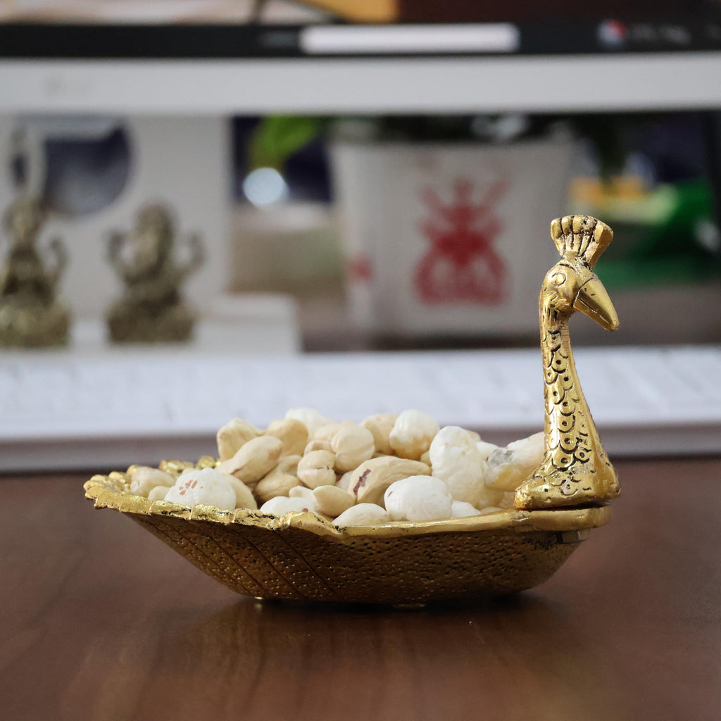 KridayKraft Hand Crafted Metal Duck Wing Shape Dryfruits Tray Perfect for Home Centre Table Serving Dry Fruits & Fruits (Golden, Pack of 1)