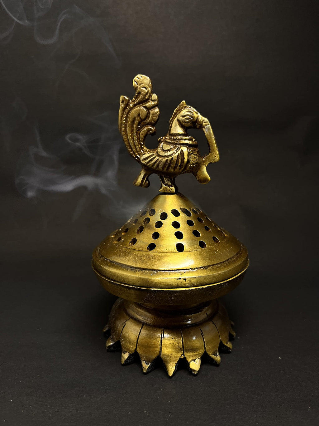 Kridaykraft Metal Brass Color Finish Dhoop Dani | Bakhoor Holder | Loban Burner | Incense Holder, Handcrafted Metal Peacock Shaped Aroma Diffuser Oil Burner| Aroma Oil Diffuser for Home
