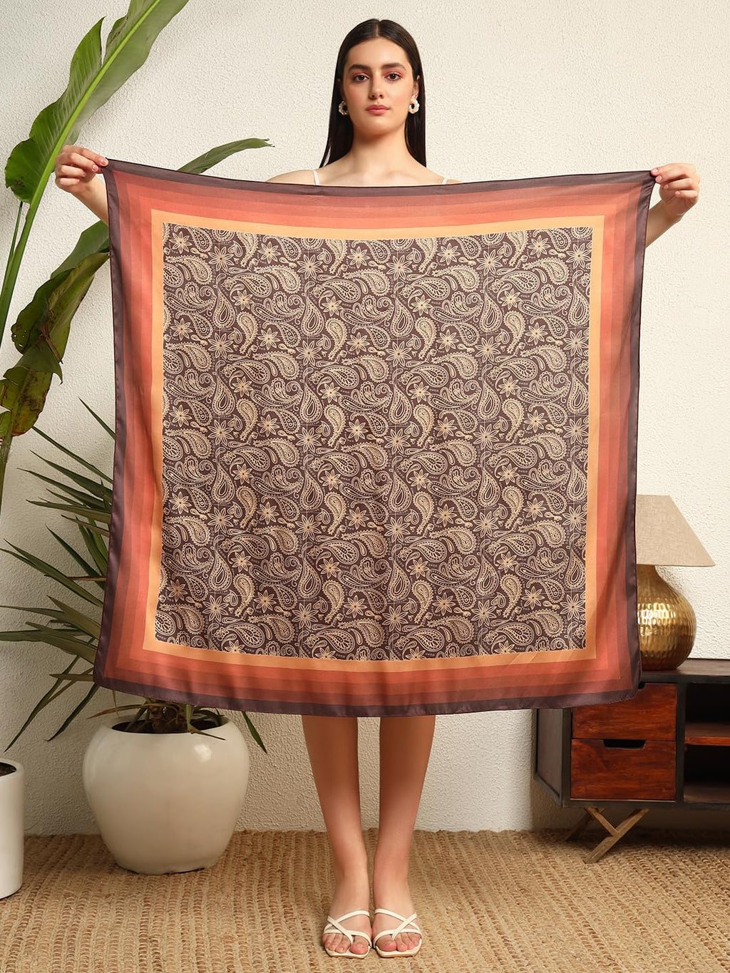 Ravaiyaa - Attitude is everything Women's Crepe Silk Digital Print Large Square Scarf Breathable Lightweight Neckerchief Printed Headscarf 40 x 40 Inch (Brown Paisley)