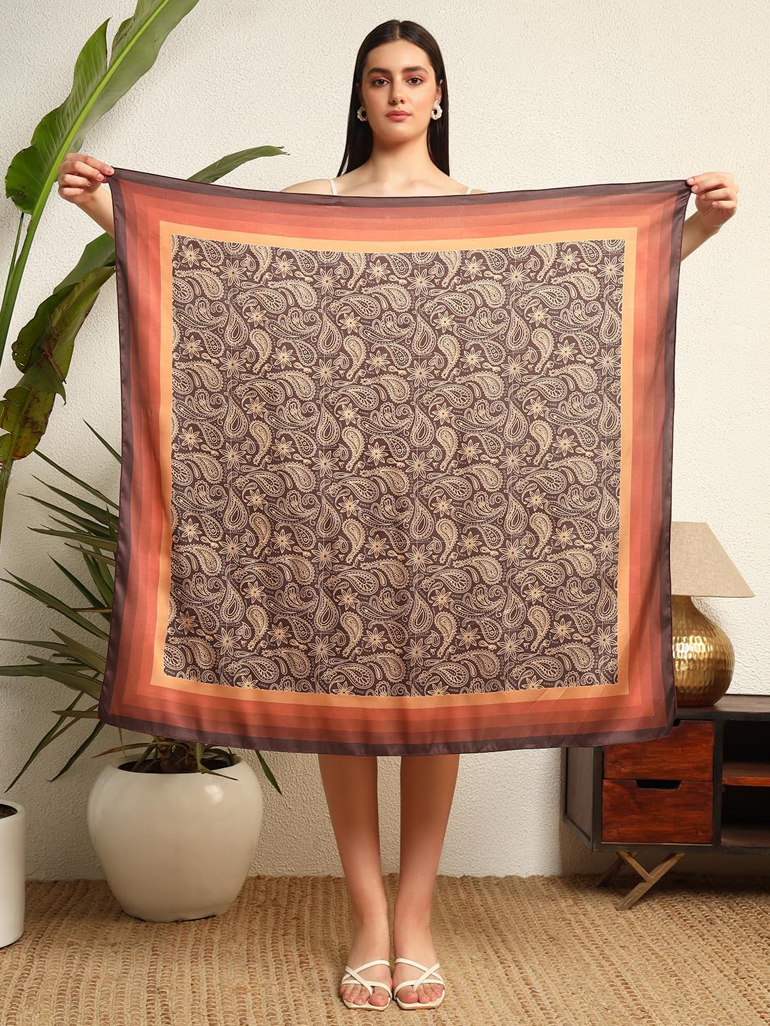 Ravaiyaa - Attitude is everything Women's Crepe Silk Digital Print Large Square Scarf Breathable Lightweight Neckerchief Printed Headscarf 40 x 40 Inch (Brown Paisley)
