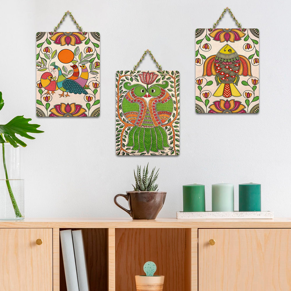 Artvibes Birds & Fish Traditional Indian Folk Art Home Decorative MDF Wooden Wall Art for Home | Office | Cafe | Aesthetic Wooden Decor | Graphic Artwork | Unique Gift Items (WH_9636N), Set of 3