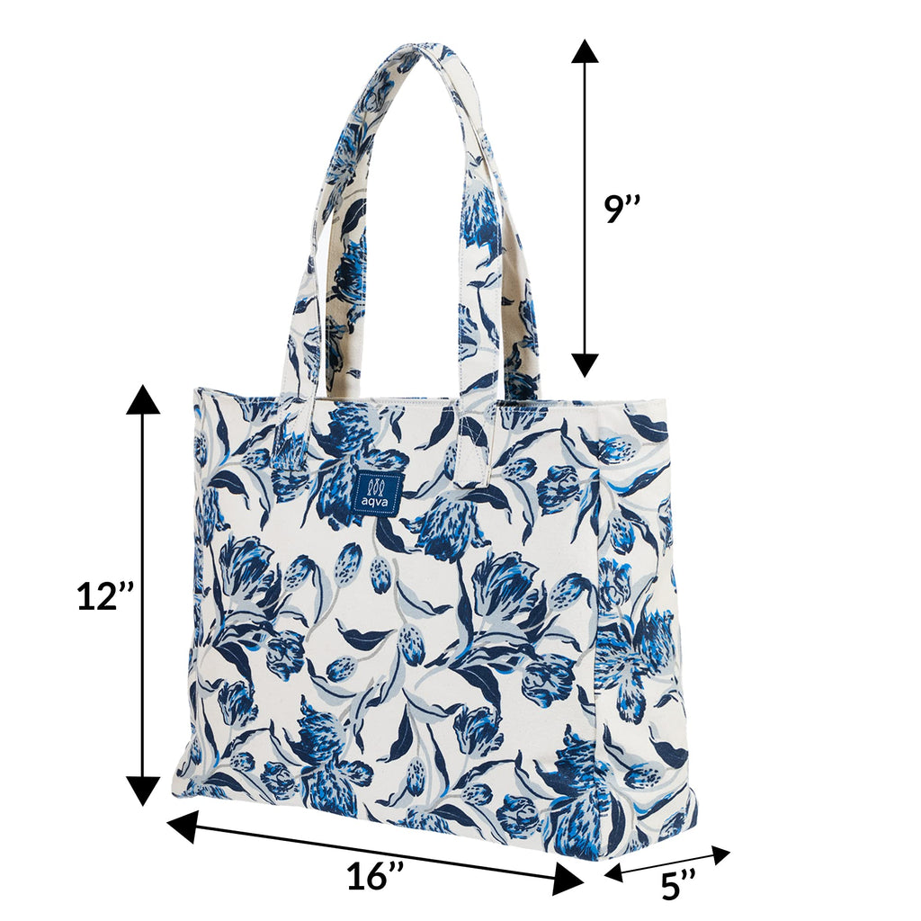AQVA Printed Cotton Structured Canvas Tote Bag for Women | Large Capacity | Stylish Multipurpose Shoulder Bag with Zip Closure | Hand Bag for Laptop Office, Travel & Shopping (Angan)