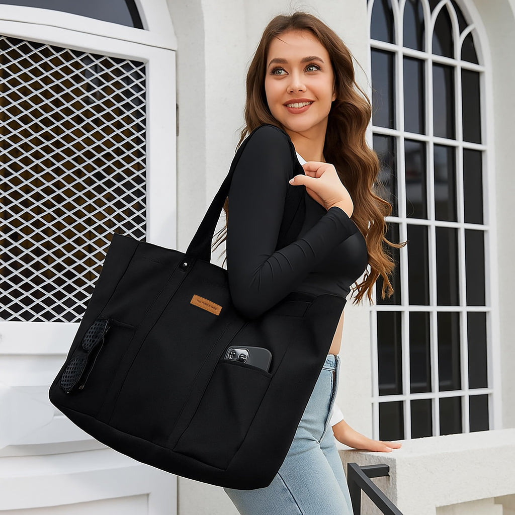 The Purple Tree Black Cotton Canvas Tote Bag for Women, Extra Large Tote Bag with Pockets, Zipper Closure, Eco friendly Cotton Travel Tote for Work, Gym, Picnic, Grocery, Shopping & Everyday Use