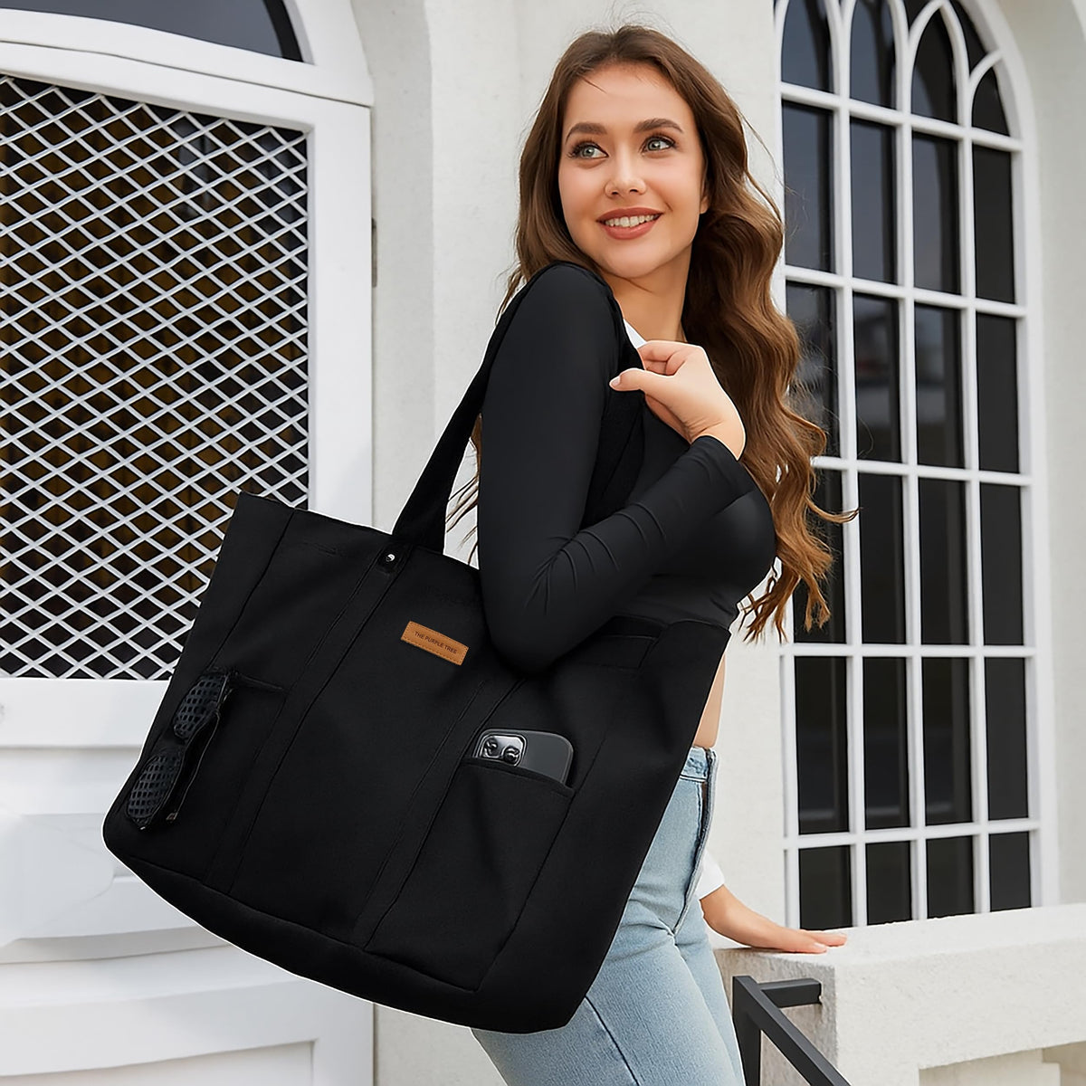 The Purple Tree Black Cotton Canvas Tote Bag for Women, Extra Large Tote Bag with Pockets, Zipper Closure, Eco friendly Cotton Travel Tote for Work, Gym, Picnic, Grocery, Shopping & Everyday Use