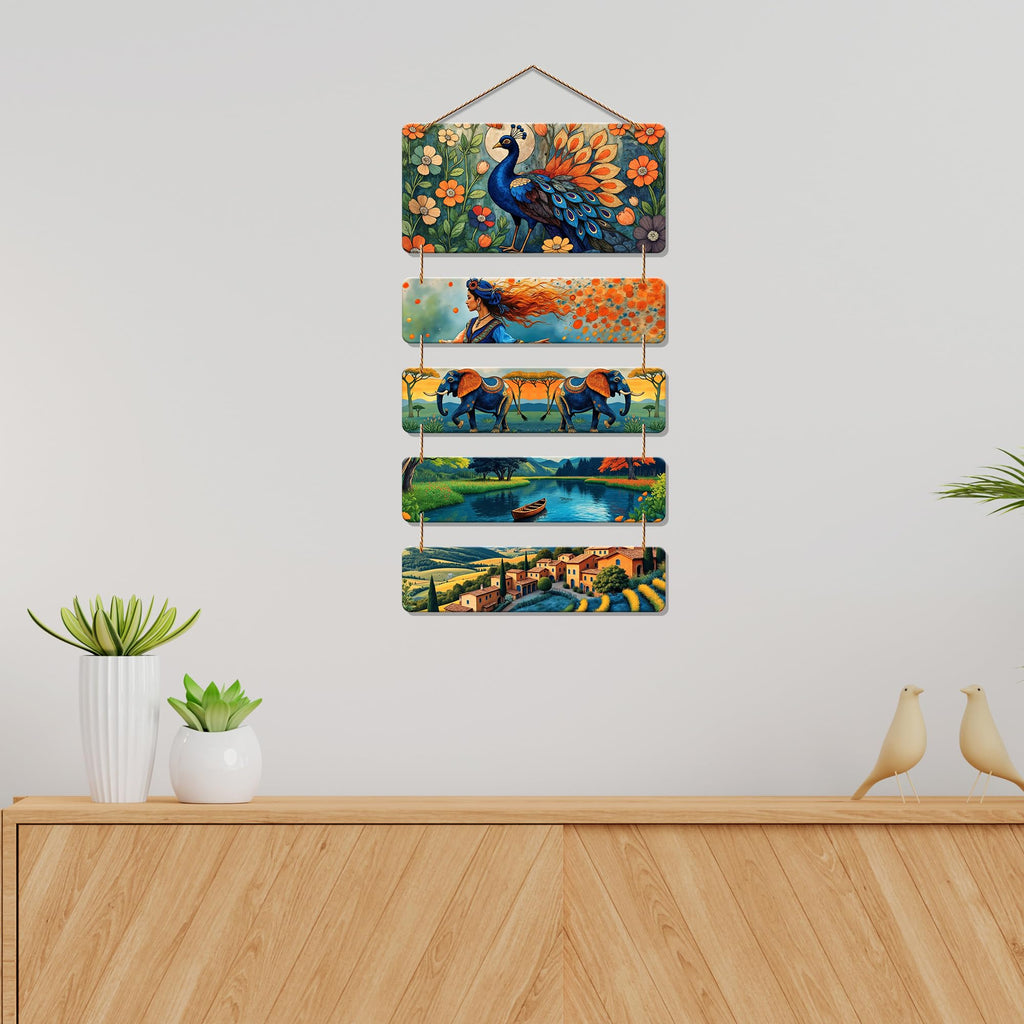 Artvibes Peacock Woman & Village Folk Art Decorative Wall Art MDF Wooden Wall Hanger for Home | Art For Wall | Door Decoration Items | Wall Art Print | Paintings For Wall | Unique Gift Item (WH_6734N)