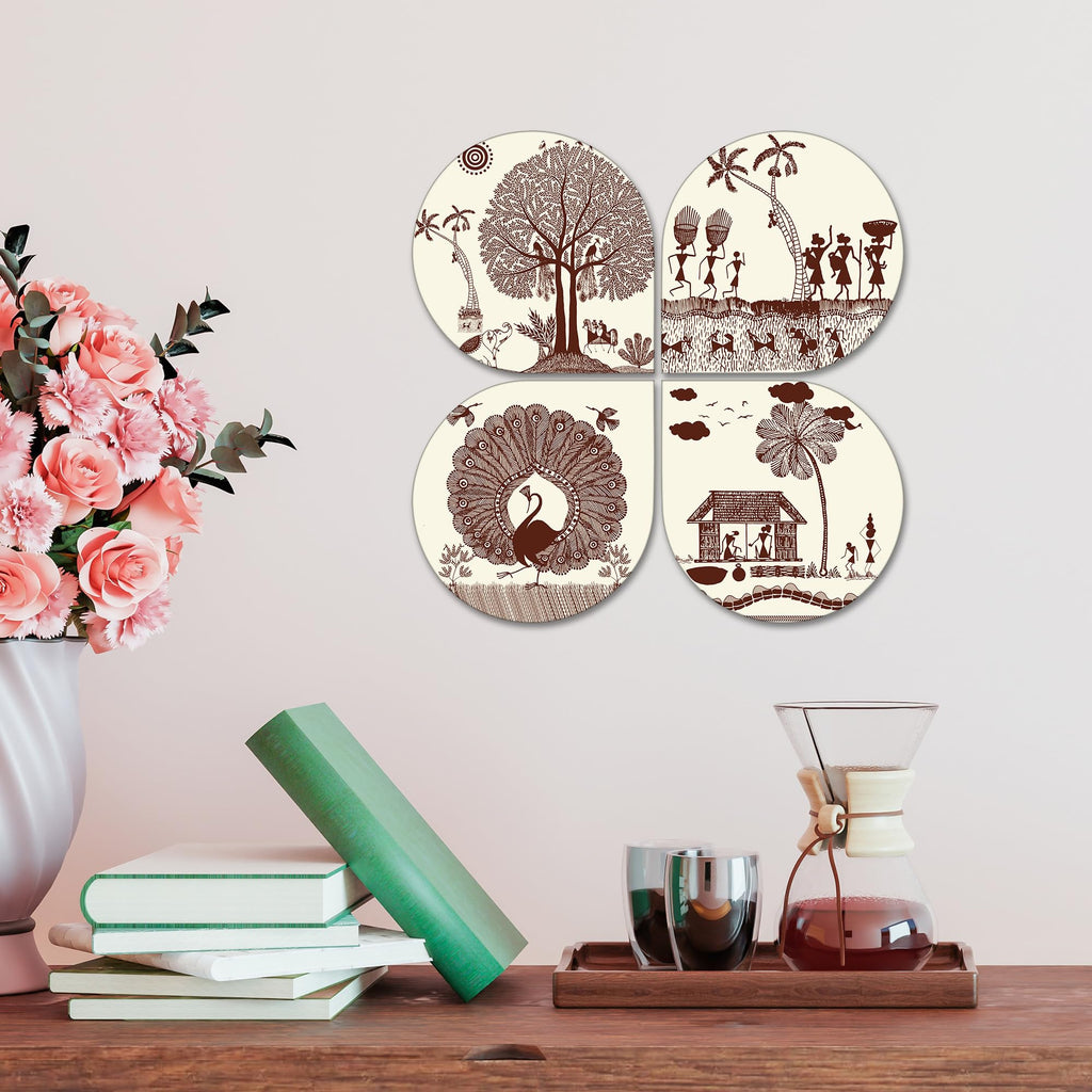 Artvibes Ancient Village Warli Art Decorative Wall Art MDF Wooden Wall Hanger for Home | Handcrafted Art | Graphic Artwork | Aesthetic Wooden Decor | Sceneries | Ideal Gifts (WH_8438N), Set of 4
