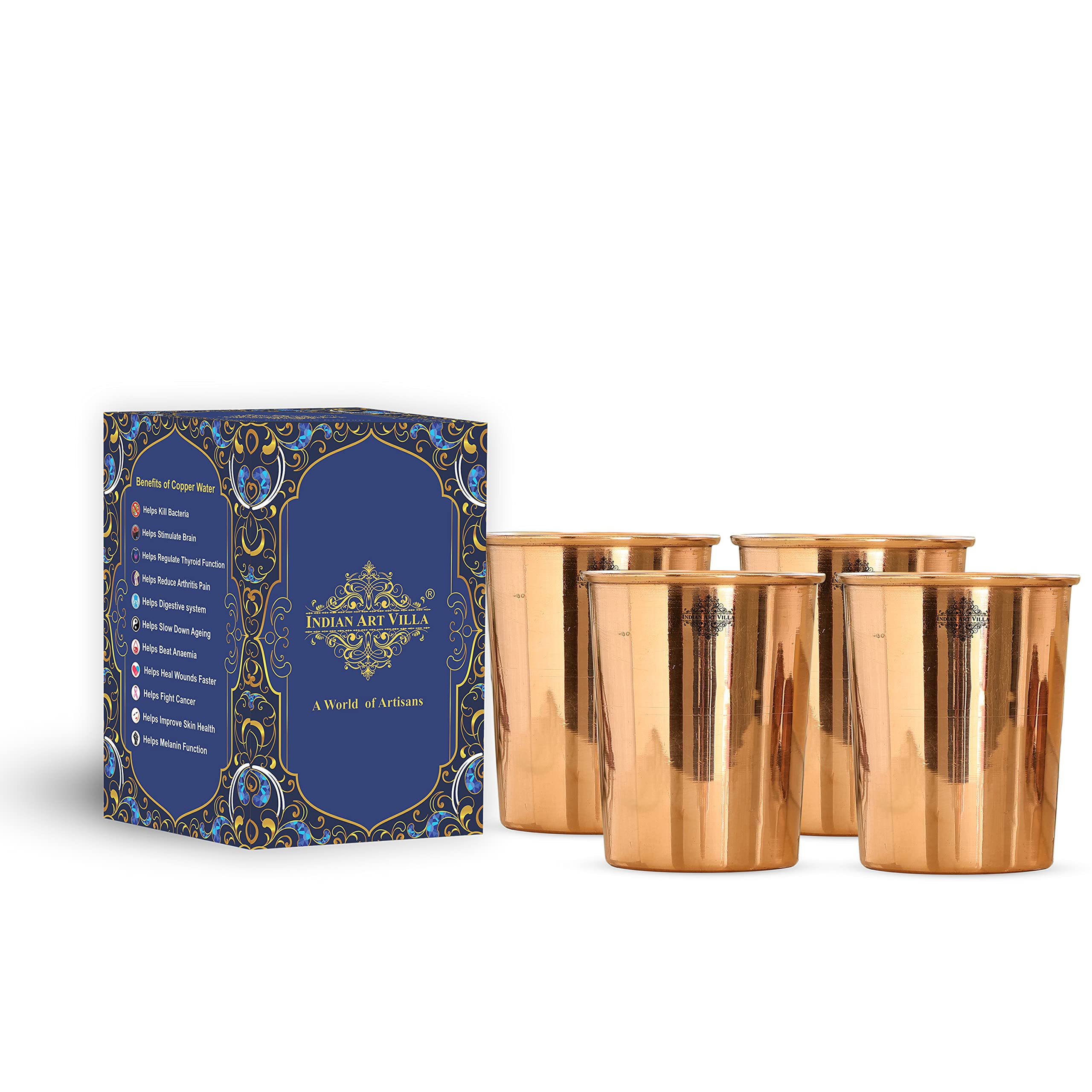 INDIAN ART VILLA Copper Plain Shine Finish Glass - 275 ML Tumbler, Copper Drinkware & Serveware, Ideal for Water Drinking, Perfect Gifting Option for Festivals and Special Occasions, Set of 4