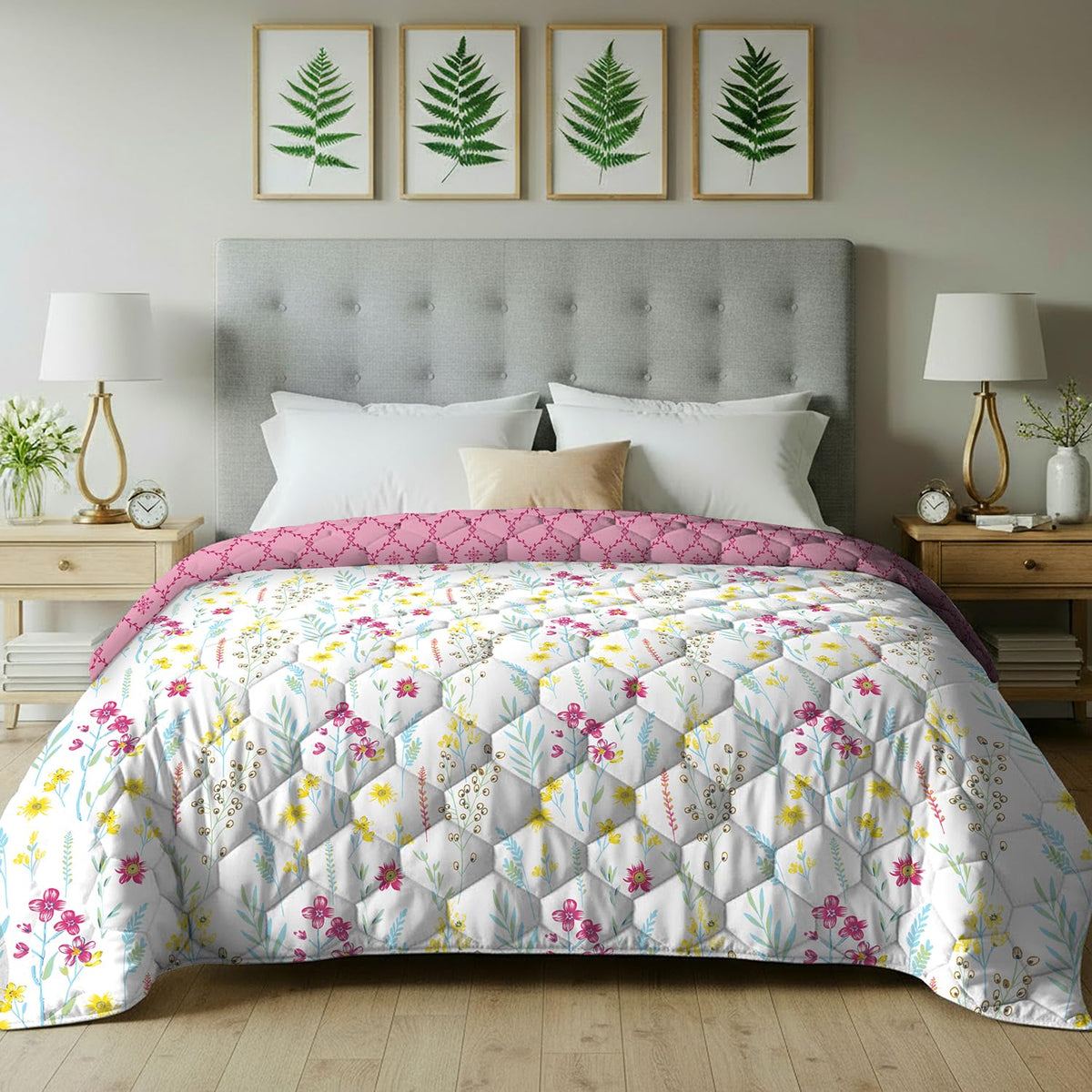 Urban Space AC Blanket for Single Bed, 120 GSM Microfiber 3 Layered Quilted Dohar, Soft Lightweight Reversible Printed Blanket Single Bed for All Season (France Pink -145 x 225cm, Single Size) Kafalo