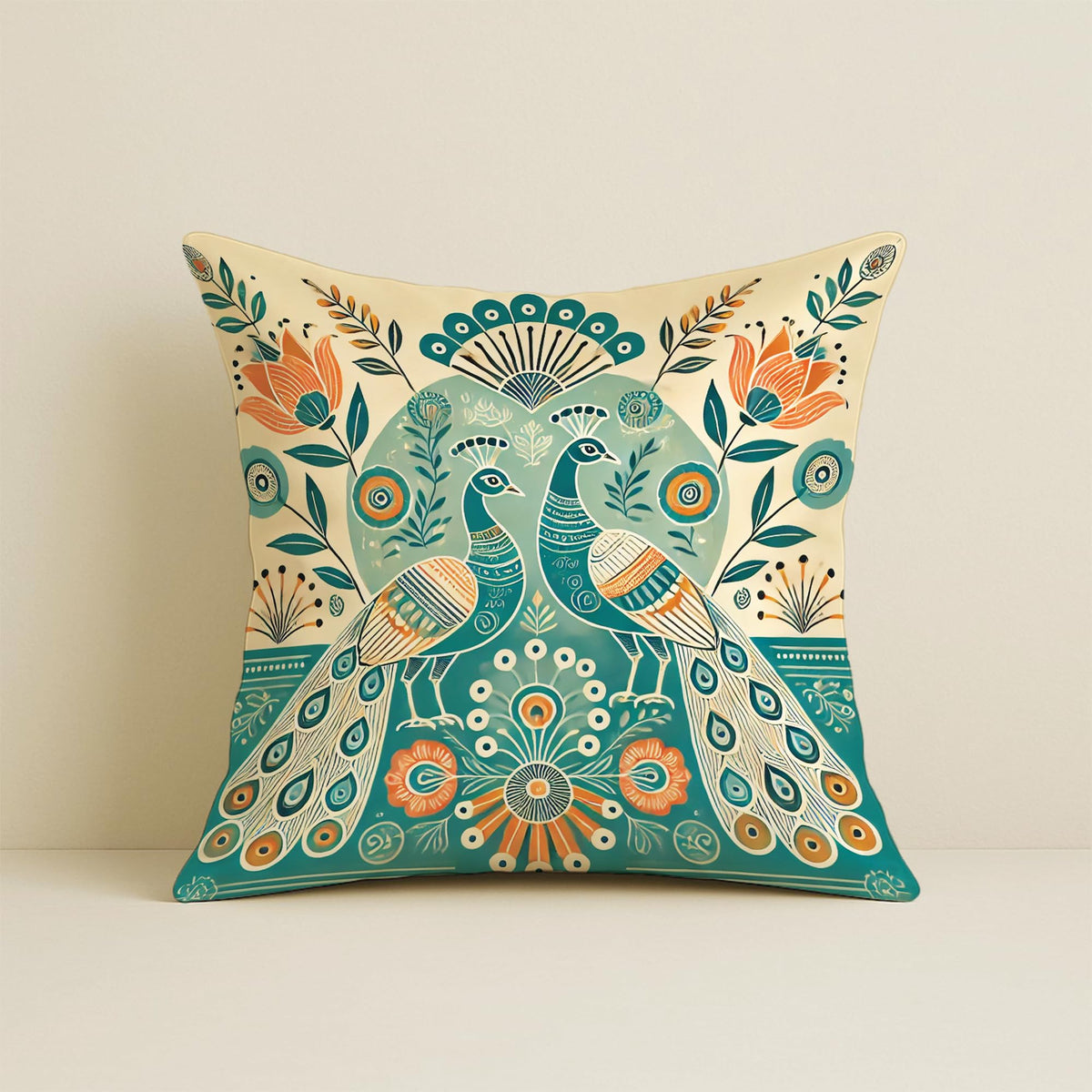 STITCHNEST Ethnic Satin Cushion Covers Twin Peacock with Floral Pattern, 16x16 Inch, Pack of 5 for Traditional Home Decor, Sofa Styling & Gifting