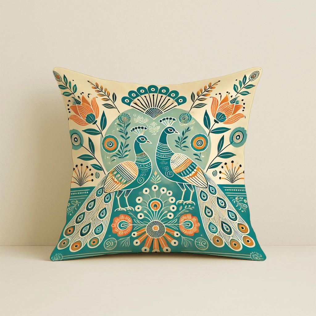STITCHNEST Ethnic Satin Cushion Covers Twin Peacock with Floral Pattern, 24x24 Inch, Pack of 2 for Traditional Home Decor, Sofa Styling & Gifting