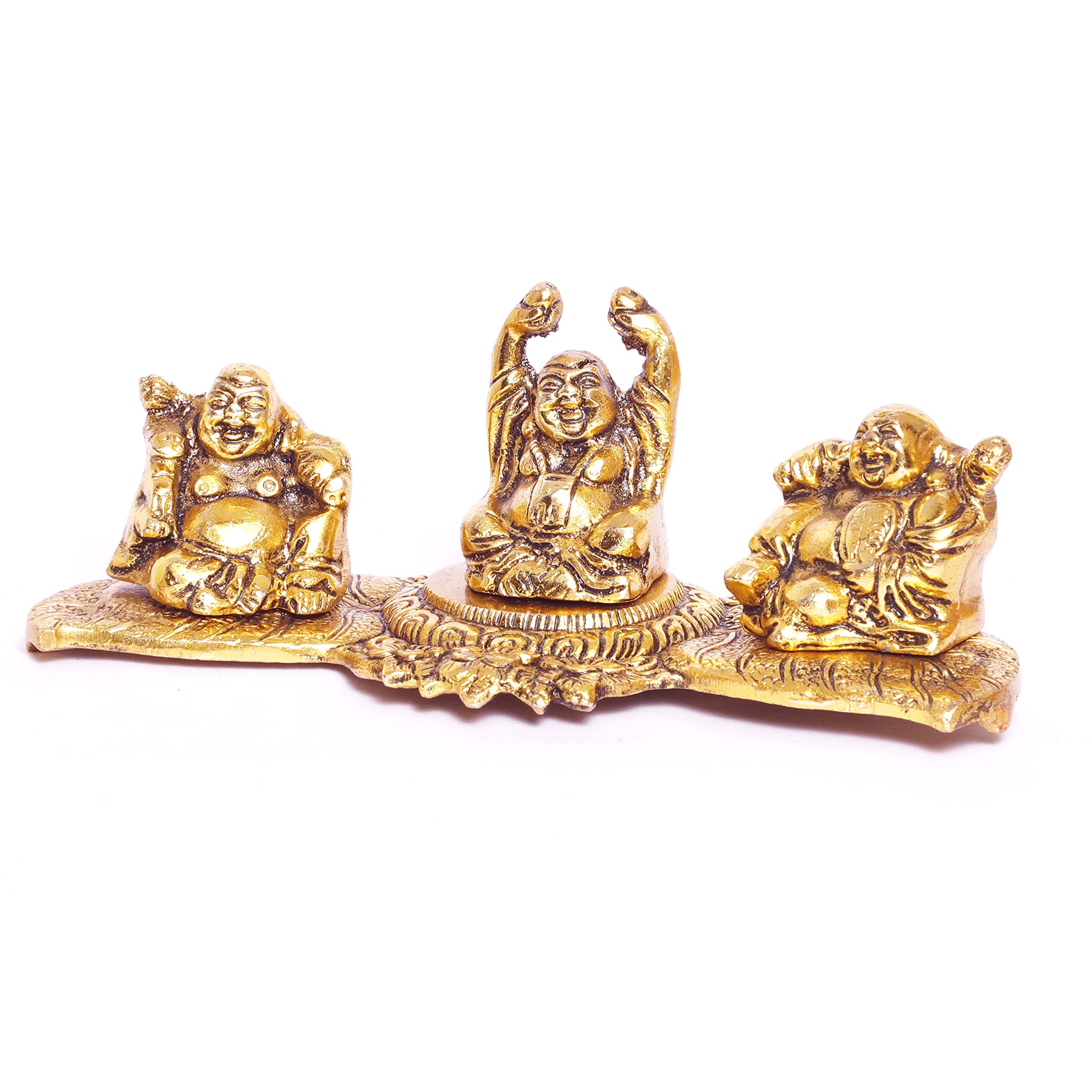 Prince Home Decor & Gifts Metal Handicrafts Antique Gold Plated Laughing Buddha in 3 Postures, Standard