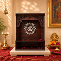 The Divine Tales Classic MDF Om Wall Mandir Wooden Wall Mounted Pooja Mandir for Home Temple with Engraved Om Floral Design Prayer Shelf for Idols Diyas Incense Sticks Modern Home Decor 10 Inch