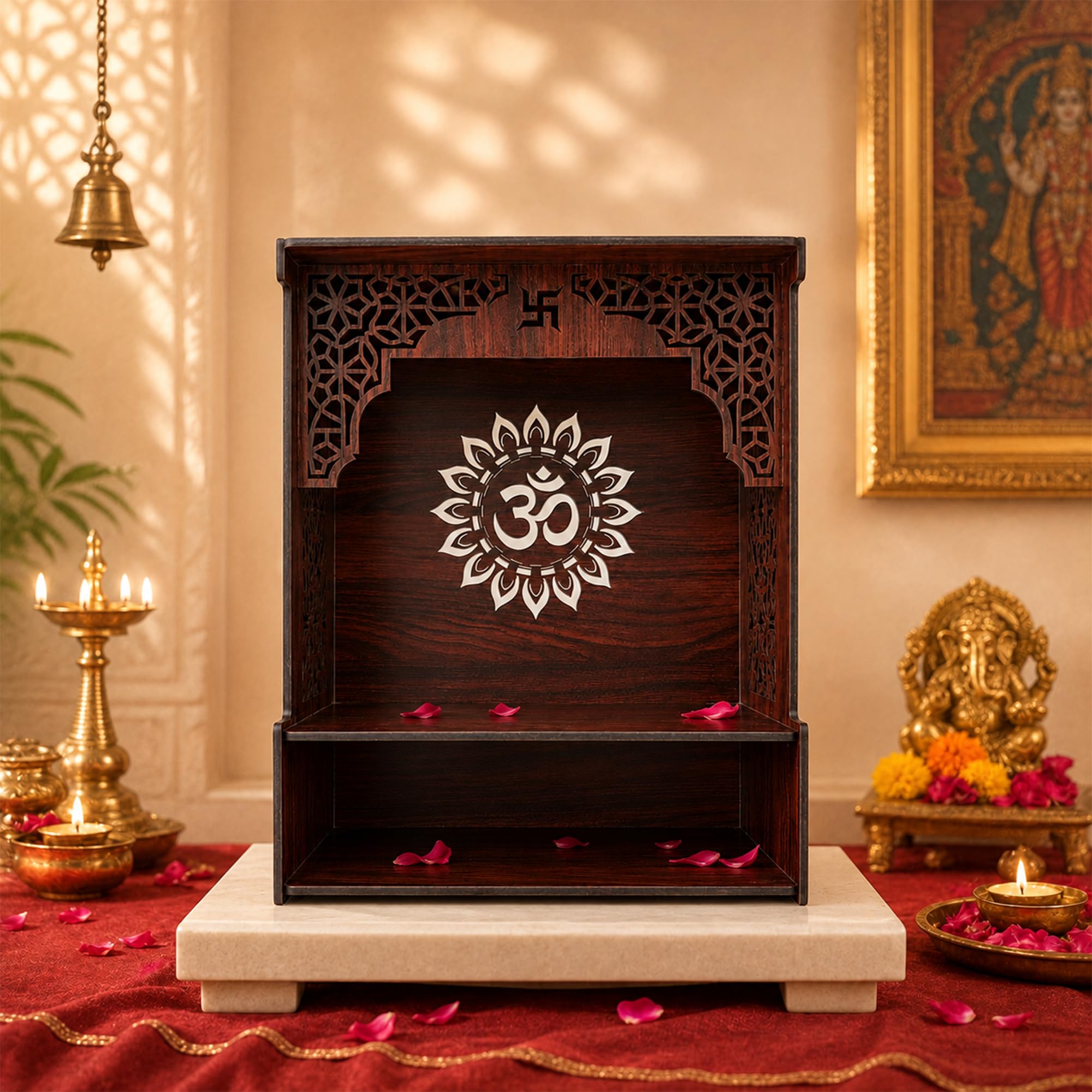 The Divine Tales Classic MDF Om Wall Mandir Wooden Wall Mounted Pooja Mandir for Home Temple with Engraved Om Floral Design Prayer Shelf for Idols Diyas Incense Sticks Modern Home Decor 10 Inch
