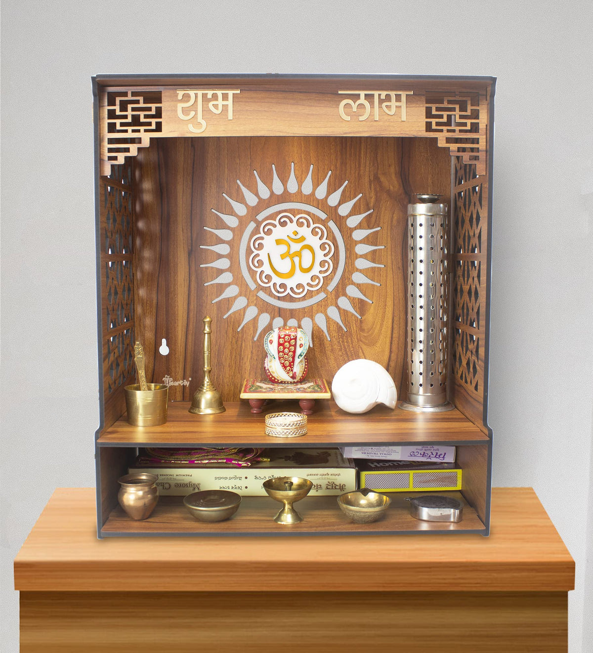Heartily® Shlok Beautiful Wooden Pooja Mandir for Home or Puja Temple Stand for Office and Shops with Led spot Light (H- 18, L- 16, W-8.75 Inch)