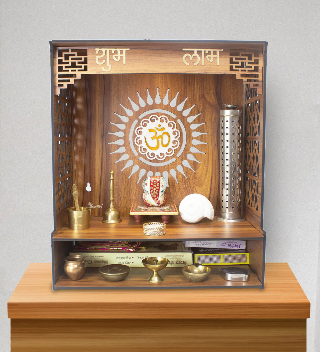 Heartily® PAVITR Beautiful Wooden Pooja Mandir for Home Temple for Home and Office Pooja Stand Modern Puja Mandir for Home Wall with LED Spot Light Size (18, L- 16, W-8.75 Inch)