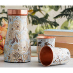 INDIAN ART VILLA Copper Gold Printed Bedroom Bottle with 2 Glass Set – 900 ML Bottle & 300 ML Glasses, Ayurvedic Drinkware Gift Set for Home, Office, and Gifting