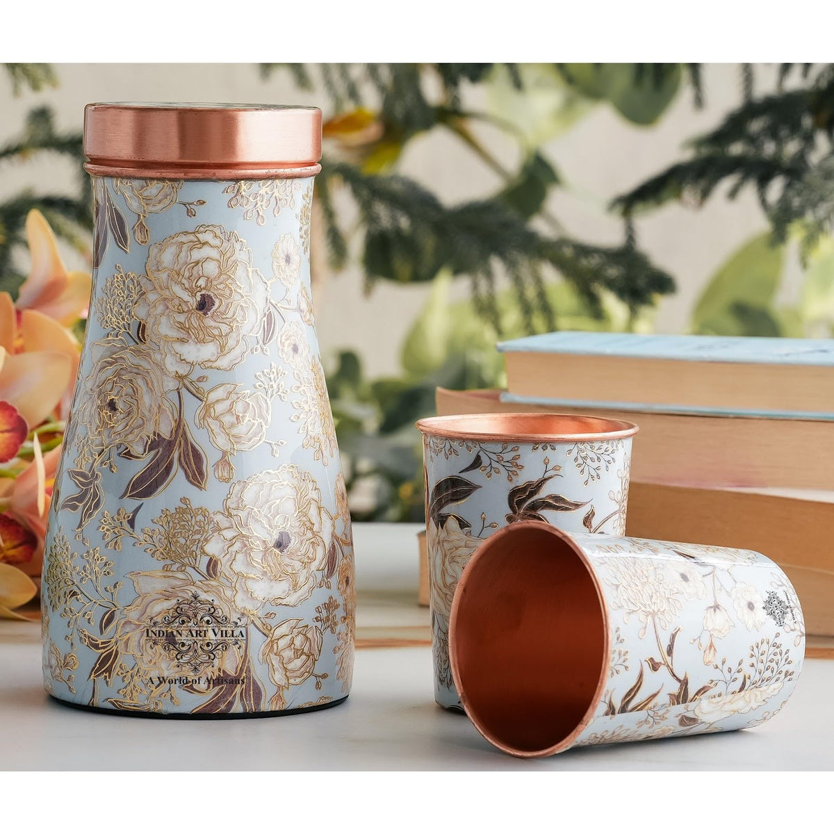INDIAN ART VILLA Copper Gold Printed Bedroom Bottle with 2 Glass Set – 900 ML Bottle & 300 ML Glasses, Ayurvedic Drinkware Gift Set for Home, Office, and Gifting
