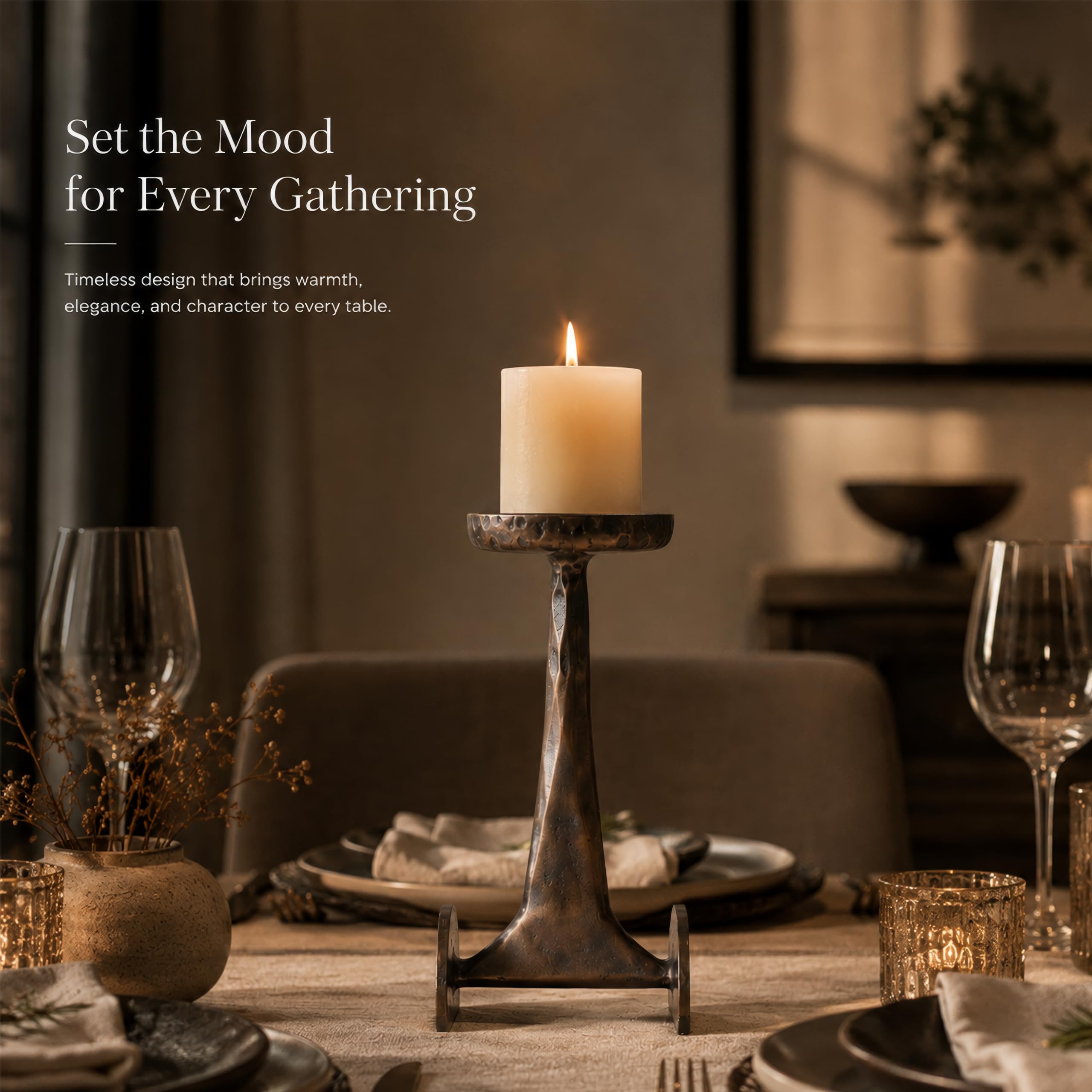 Helios Pyrr Imperial Column Candle Stand - Antique Copper | Luxury Metal Candle Holder Set for Home, Living Room & Gifts | Modern Decorative Centerpiece