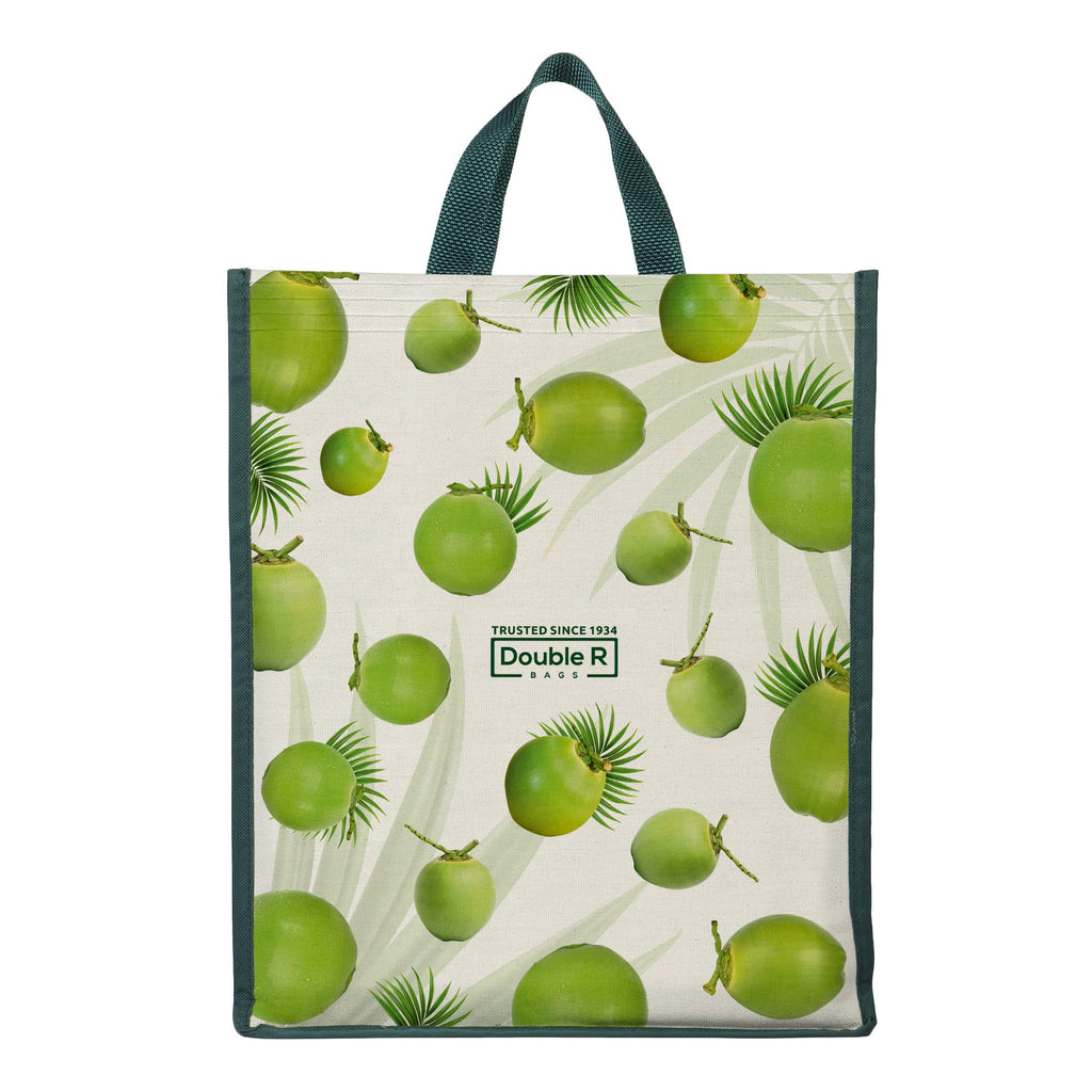 DOUBLE R BAGS Unisex Big Eco Cotton Canvas Shopping Bag for Grocery, Milk, Fruits & Vegetables | Reusable Jhola Tote with Reinforced Handles | Cherry Print, 34x9.5x39.5 cm, 1 Compartment (Pack of 4)