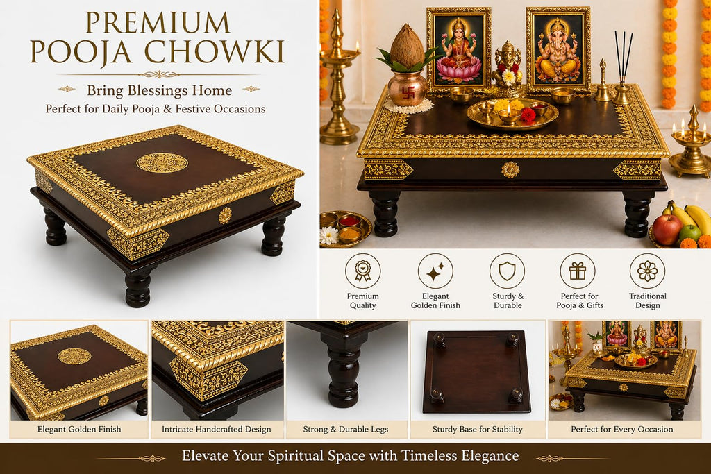 Kamdhenu Art and Craft Wooden Chowki | Floral Brass Fitted Decorative Bajot for Sitting Pooja Temple (Gold 15)