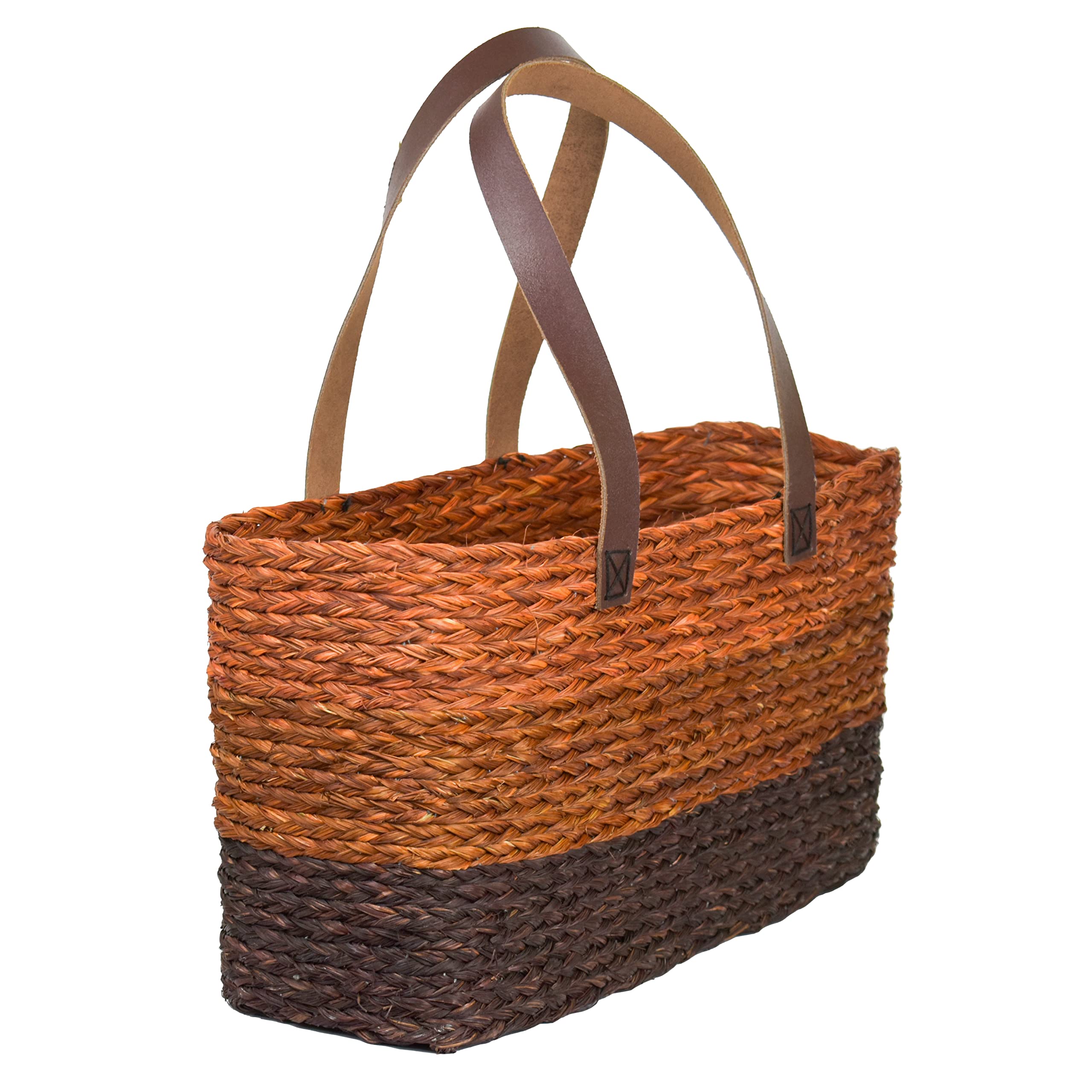 KADAM HAAT Shopper Bag With Leather Handle| Sabai Grass Handmade Stylish Eco-Friendly Multipurpose HandBag for Women| Suitable for Travel or Work (Orange)