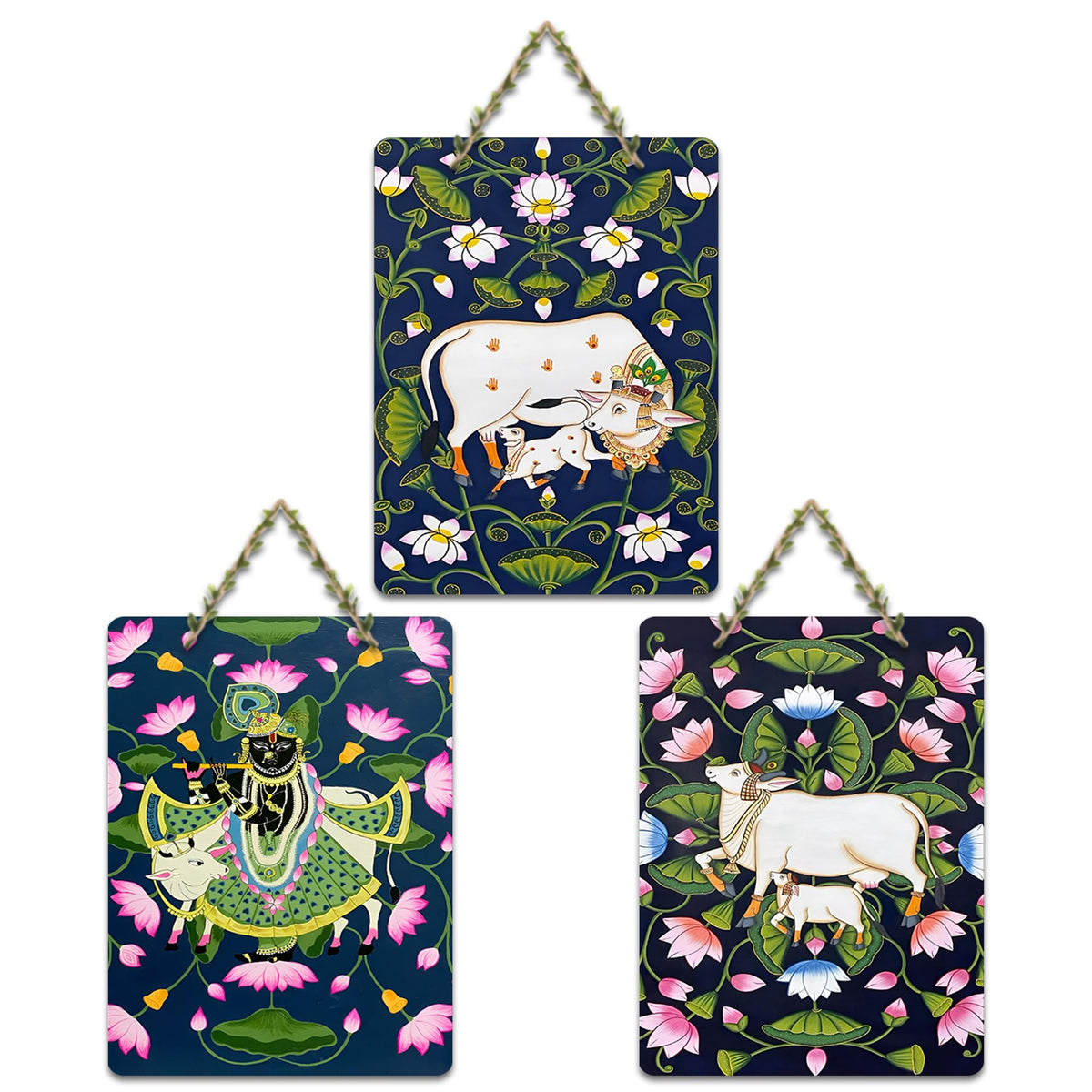Artvibes Shreenathji & Sacred Cow Religious Art Wall Hanging Home Decorative Wall Art for Living room | Religious Decor Items | Wall Poster| Stylish Modern Decor Item | Gift Items (WH_9682N), Set of 3
